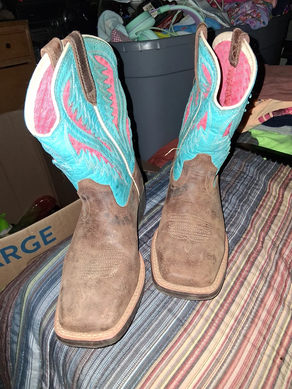 Ariat Brown Leather Kids Western Boots with Turquoise and Pink Shaft